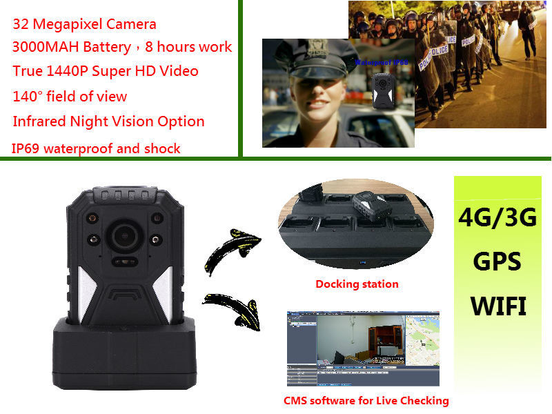 Live Monitoring 3g Wifi Gps Police Body Cameras , Body Worn Camera 1440p Resolution